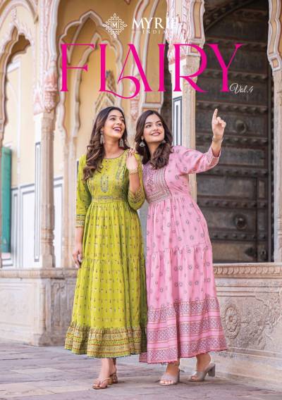 Flairy Vol 4 By Mayrie Fancy Rayon Printed Flared Kurti Collection